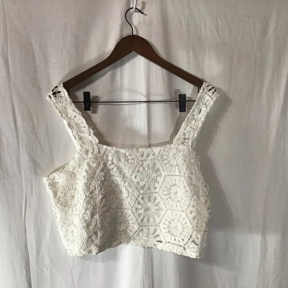 NWT Audrey Parks x Francesca's White Square Neck Crochet Boho Festival Top XL